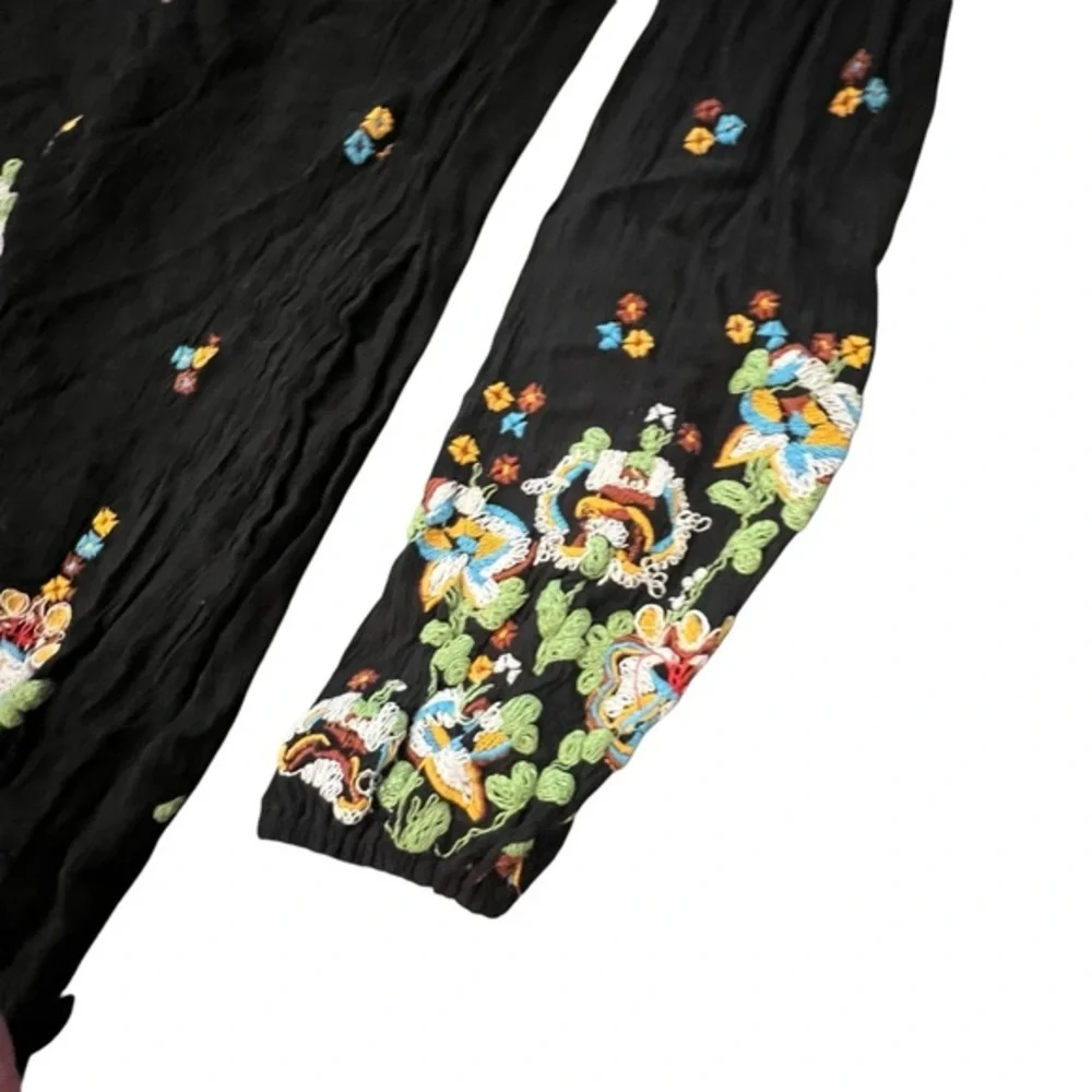 FREE PEOPLE Black Oxford Embroidered Dress Size Small BOHO Long‎ Sleeve Floral